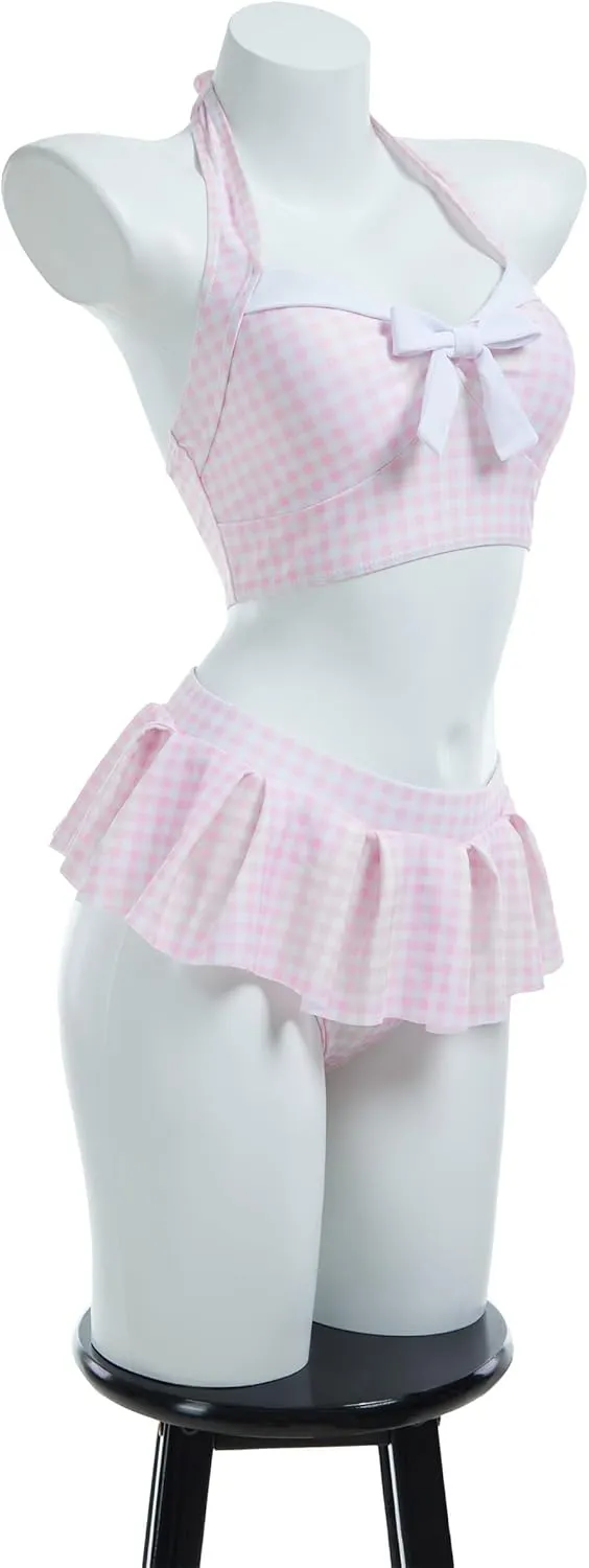 Women's Bikini Sets 50's Retro Vintage High Waist Plaid Self-Halter Bathing Suit with Headband