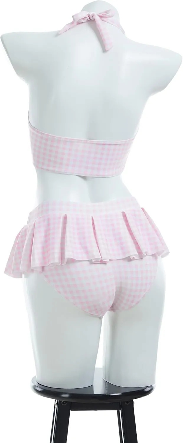 Women's Bikini Sets 50's Retro Vintage High Waist Plaid Self-Halter Bathing Suit with Headband