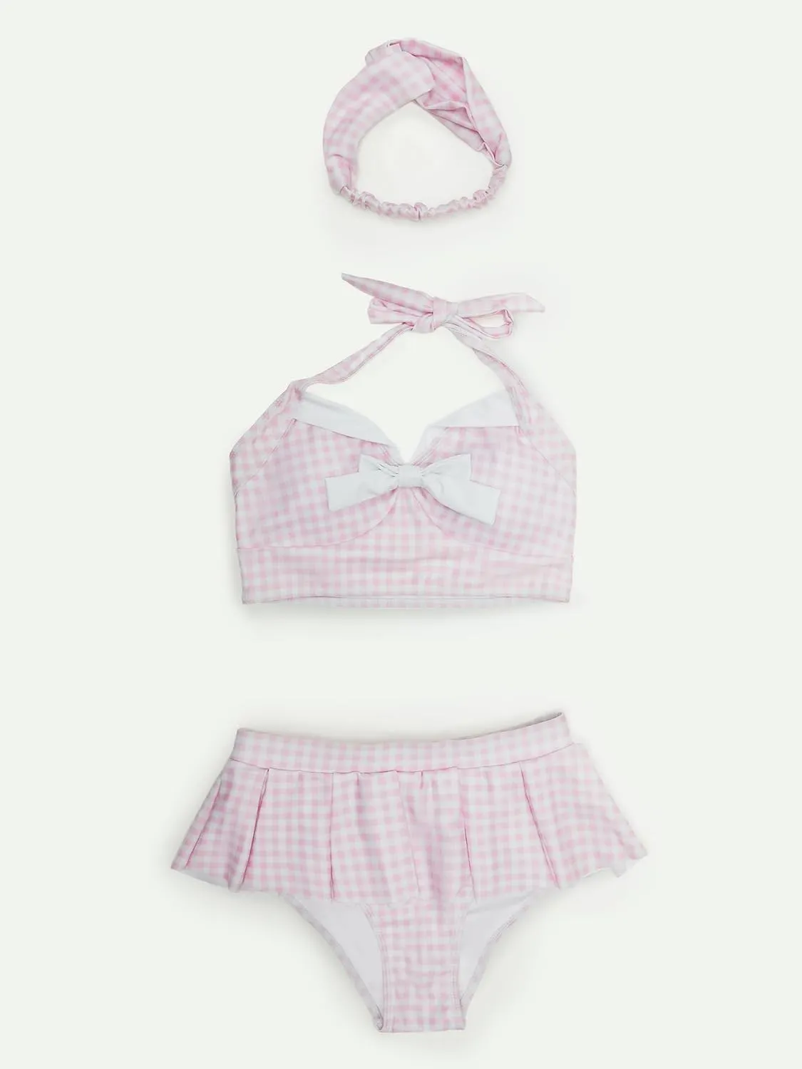 Women's Bikini Sets 50's Retro Vintage High Waist Plaid Self-Halter Bathing Suit with Headband