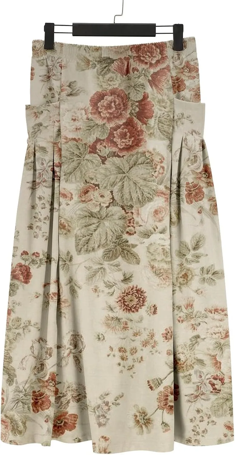 Women’s Bohemian Floral Art Linen Skirt Elastic Waist Long A-Line Maxi Skirts Summer Trendy Beach Dress with Pockets
