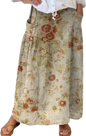Women’s Bohemian Floral Art Linen Skirt Elastic Waist Long A-Line Maxi Skirts Summer Trendy Beach Dress with Pockets