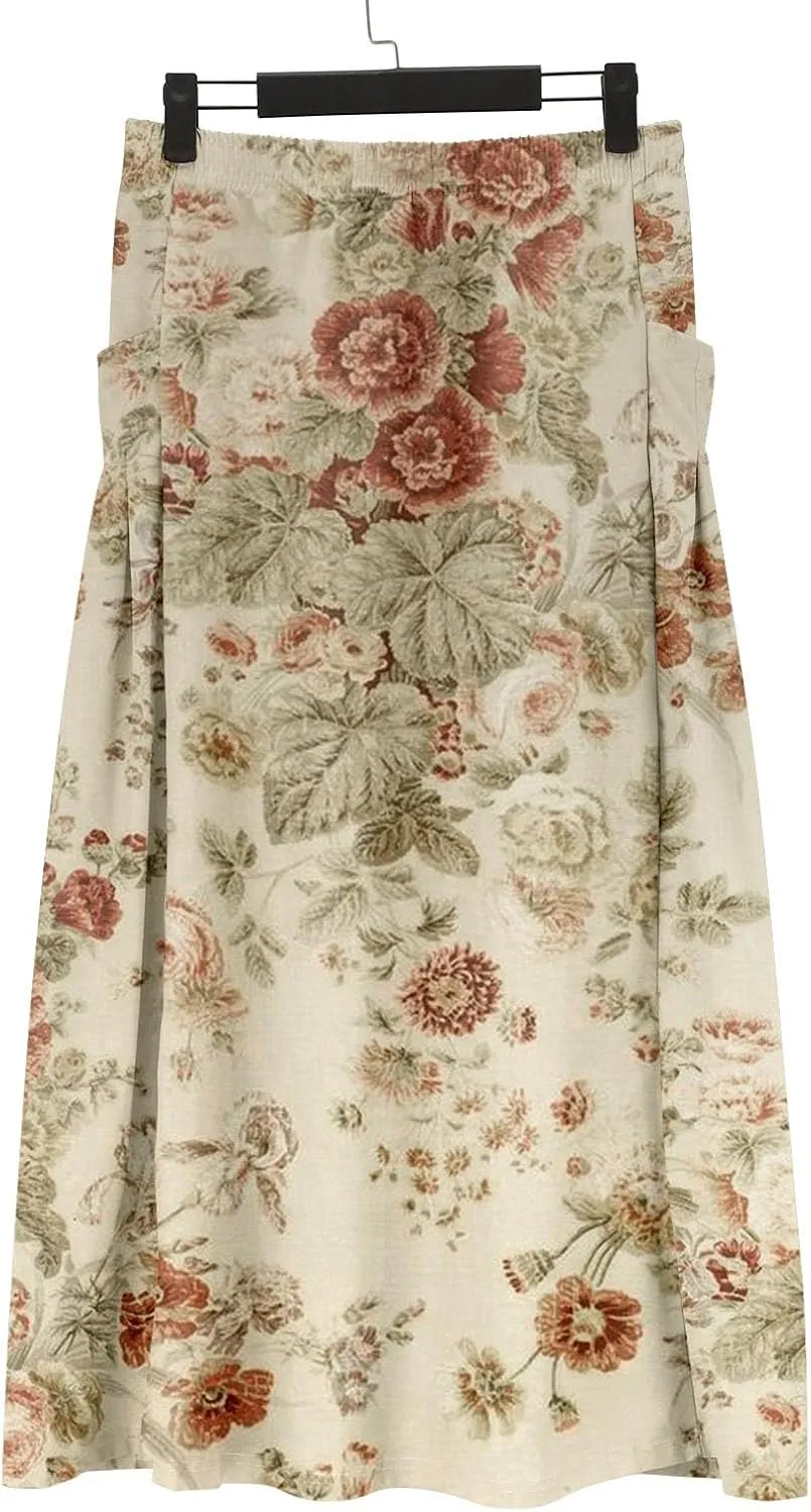 Women’s Bohemian Floral Art Linen Skirt Elastic Waist Long A-Line Maxi Skirts Summer Trendy Beach Dress with Pockets