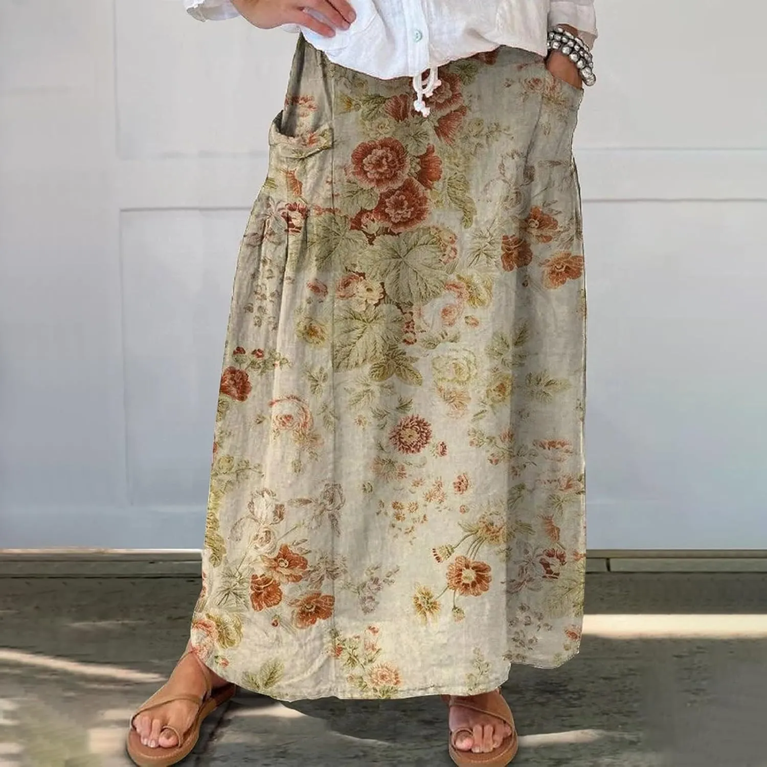 Women’s Bohemian Floral Art Linen Skirt Elastic Waist Long A-Line Maxi Skirts Summer Trendy Beach Dress with Pockets