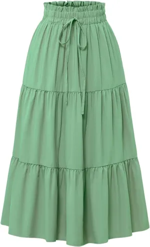 Women’s Boho Elastic High Waist Pleated A-Line Flowy Swing Tiered Maxi Long Skirt Dress with Pockets