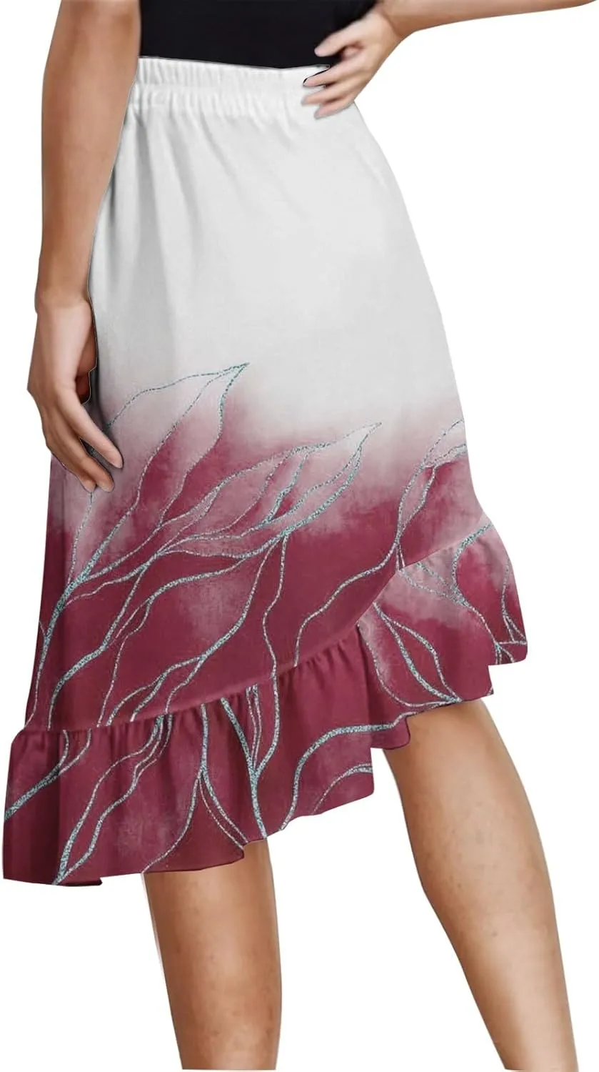 Women's Boho Floral Maxi Midi Skirt Summer Elastic Waist High Low Hem Flowy Dress Elegant Beach Vacation Clothing