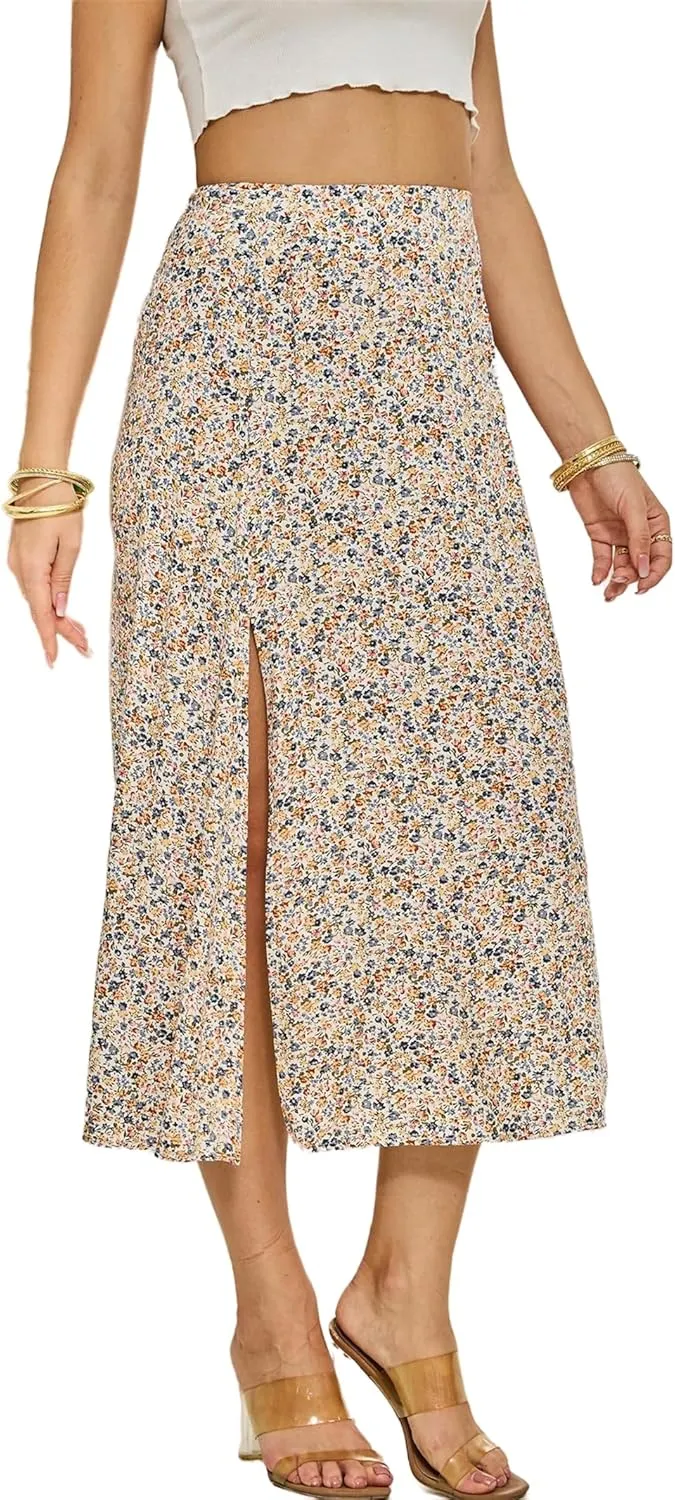 Womens Boho Floral Side Split Skirt Summer Casual High Waisted Midi Skirts 2025 Lightweight A Line Beach Skirt