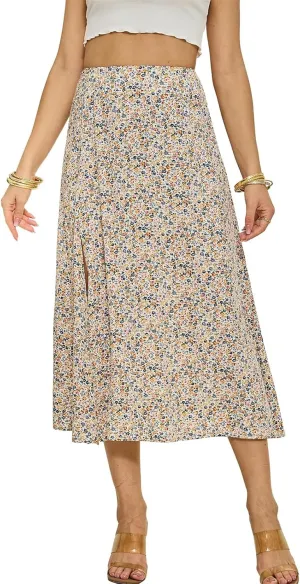 Womens Boho Floral Side Split Skirt Summer Casual High Waisted Midi Skirts 2025 Lightweight A Line Beach Skirt