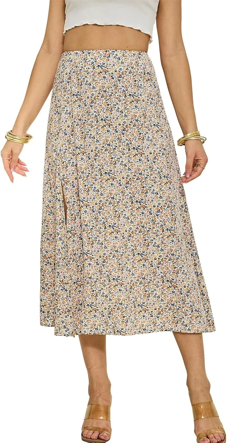 Womens Boho Floral Side Split Skirt Summer Casual High Waisted Midi Skirts 2025 Lightweight A Line Beach Skirt