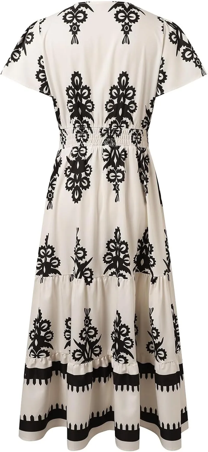 Womens Boho Floral Summer Maxi Dress Casual V Neck Aline Bell Sleeve Tiered Flowy Dresses for Women 2025