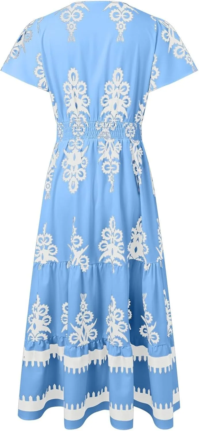 Womens Boho Floral Summer Maxi Dress Casual V Neck Aline Bell Sleeve Tiered Flowy Dresses for Women 2025