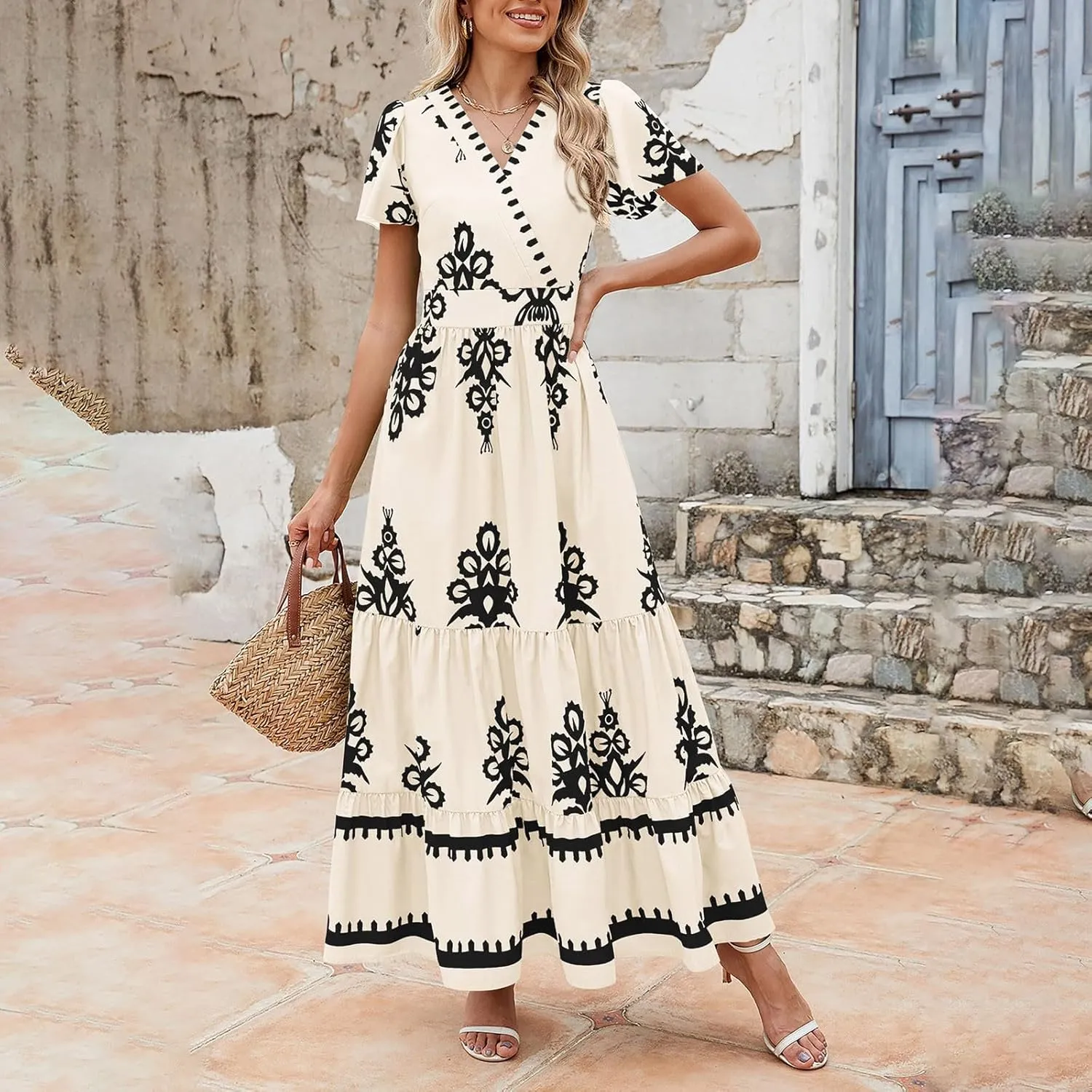 Womens Boho Floral Summer Maxi Dress Casual V Neck Aline Bell Sleeve Tiered Flowy Dresses for Women 2025