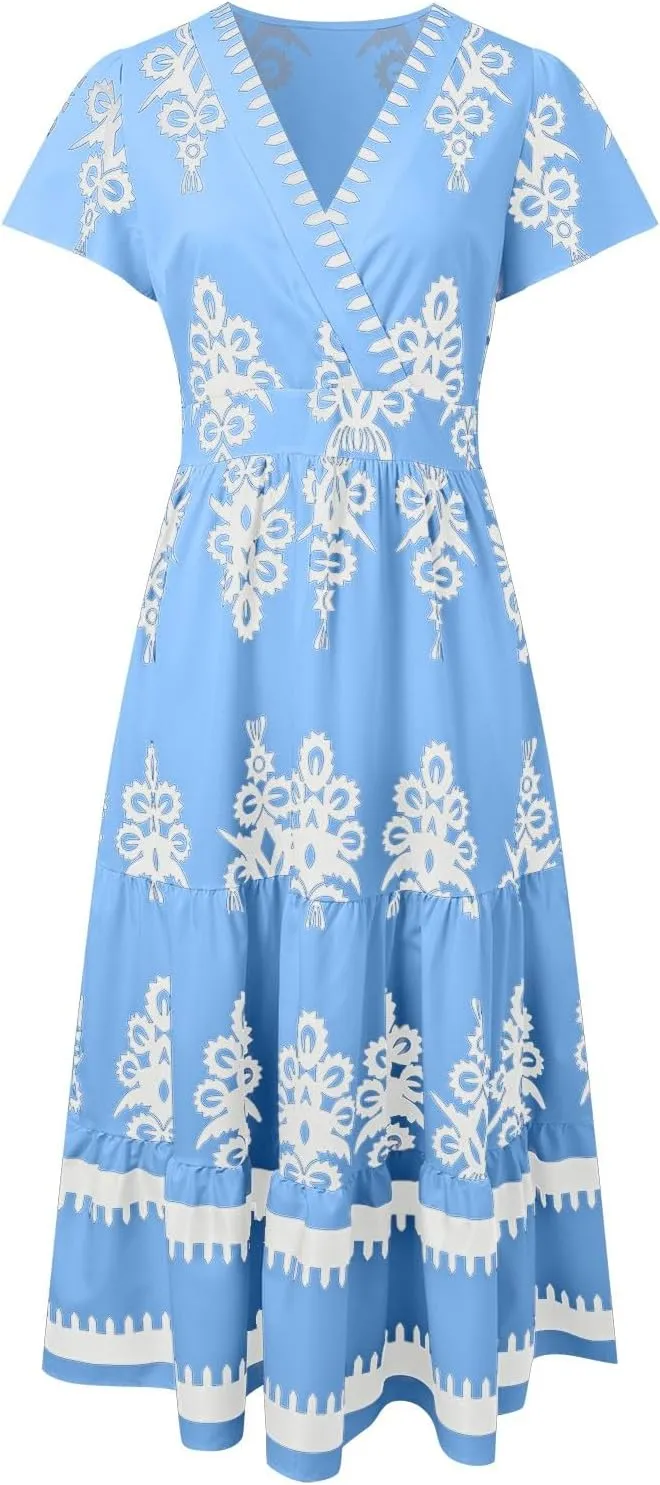 Womens Boho Floral Summer Maxi Dress Casual V Neck Aline Bell Sleeve Tiered Flowy Dresses for Women 2025
