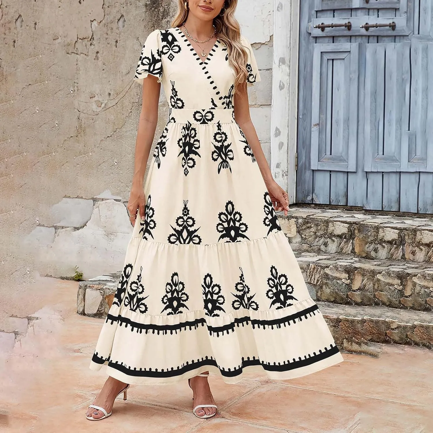 Womens Boho Floral Summer Maxi Dress Casual V Neck Aline Bell Sleeve Tiered Flowy Dresses for Women 2025