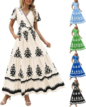 Womens Boho Floral Summer Maxi Dress Casual V Neck Aline Bell Sleeve Tiered Flowy Dresses for Women 2025