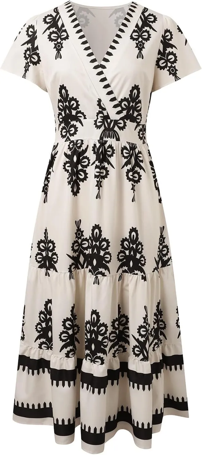 Womens Boho Floral Summer Maxi Dress Casual V Neck Aline Bell Sleeve Tiered Flowy Dresses for Women 2025