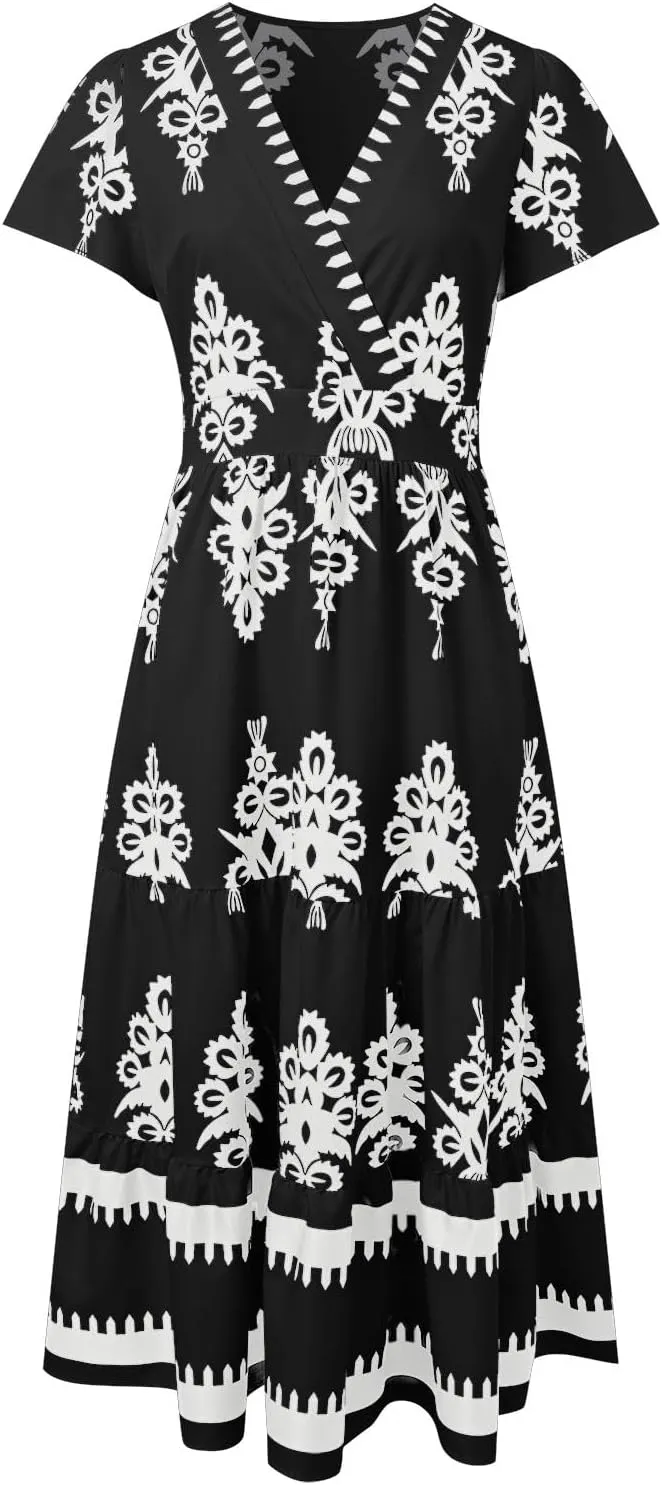 Womens Boho Floral Summer Maxi Dress Casual V Neck Aline Bell Sleeve Tiered Flowy Dresses for Women 2025