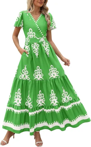 Womens Boho Floral Summer Maxi Dress Casual V Neck Aline Bell Sleeve Tiered Flowy Dresses for Women 2025