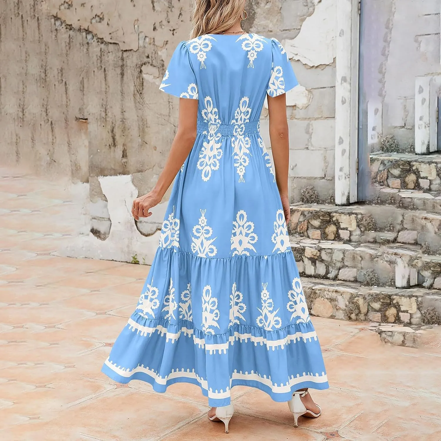 Womens Boho Floral Summer Maxi Dress Casual V Neck Aline Bell Sleeve Tiered Flowy Dresses for Women 2025