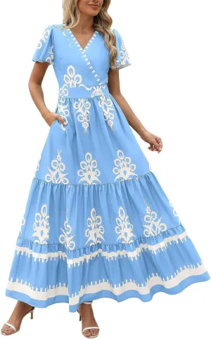 Womens Boho Floral Summer Maxi Dress Casual V Neck Aline Bell Sleeve Tiered Flowy Dresses for Women 2025