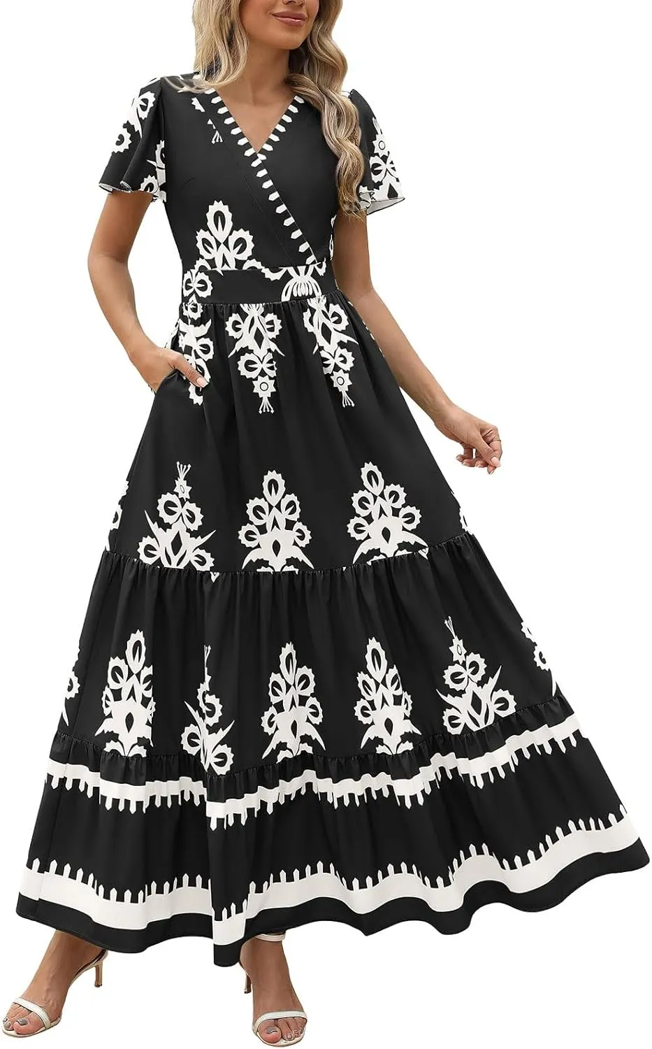Womens Boho Floral Summer Maxi Dress Casual V Neck Aline Bell Sleeve Tiered Flowy Dresses for Women 2025