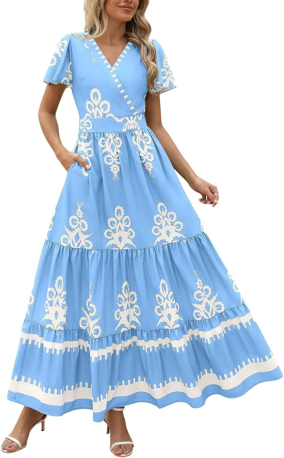 Womens Boho Floral Summer Maxi Dress Casual V Neck Aline Bell Sleeve Tiered Flowy Dresses for Women 2025