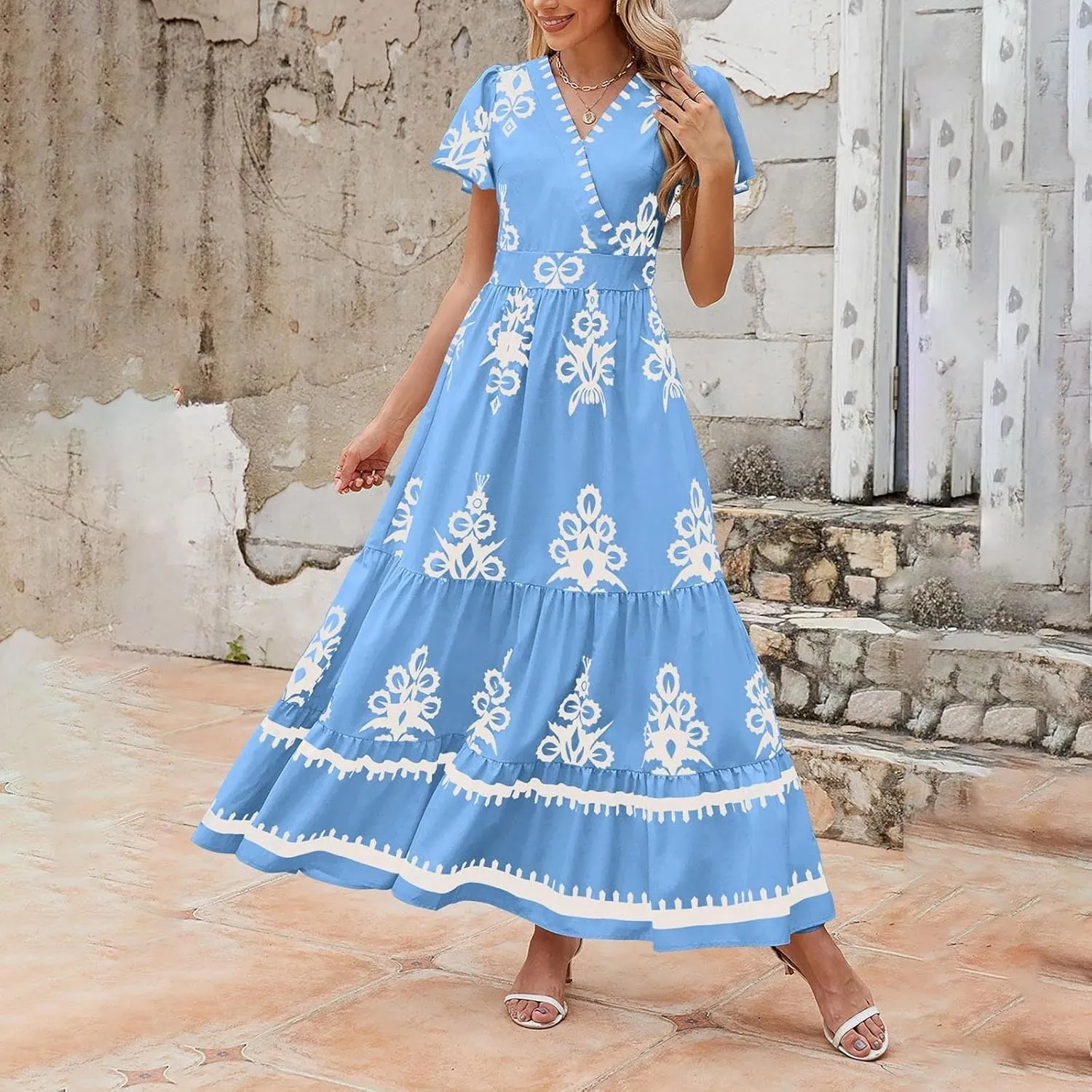 Womens Boho Floral Summer Maxi Dress Casual V Neck Aline Bell Sleeve Tiered Flowy Dresses for Women 2025