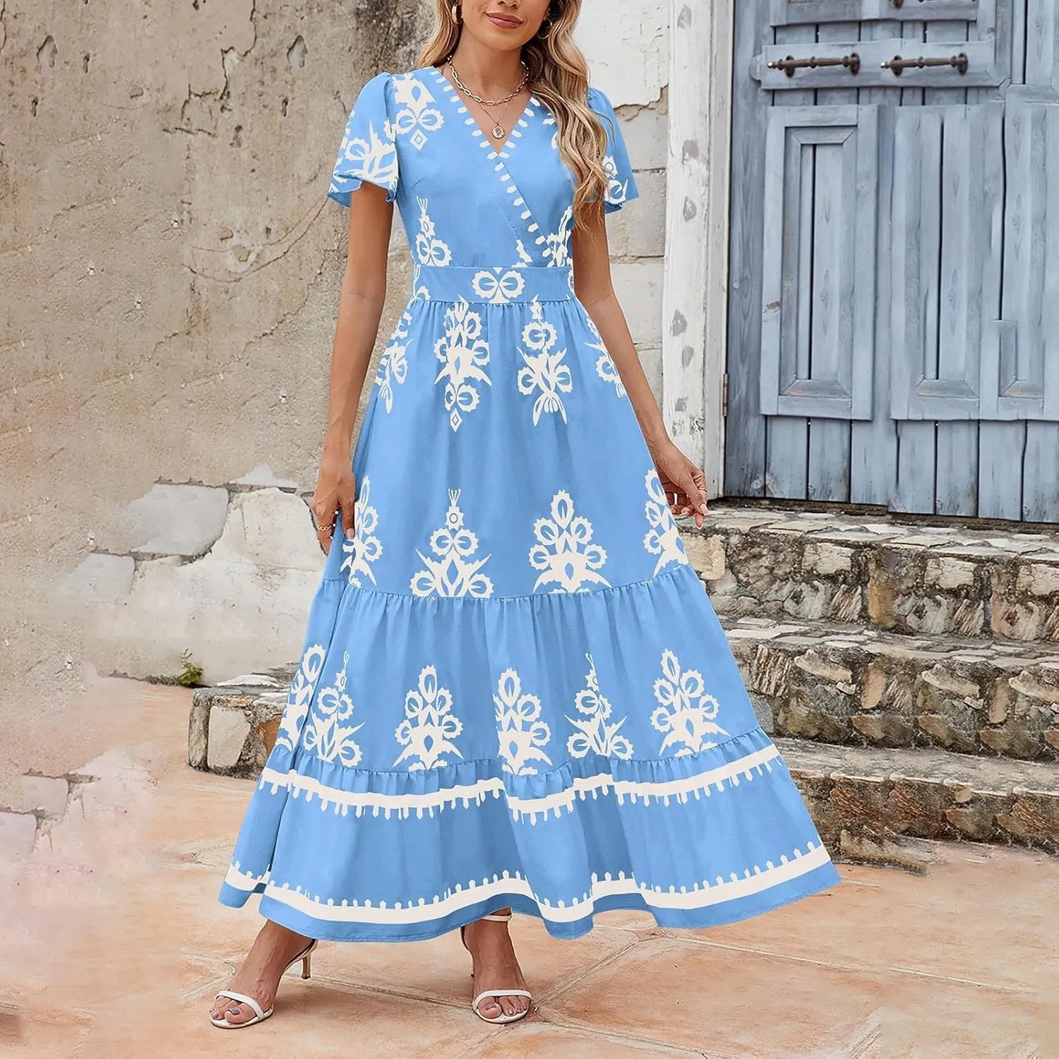 Womens Boho Floral Summer Maxi Dress Casual V Neck Aline Bell Sleeve Tiered Flowy Dresses for Women 2025