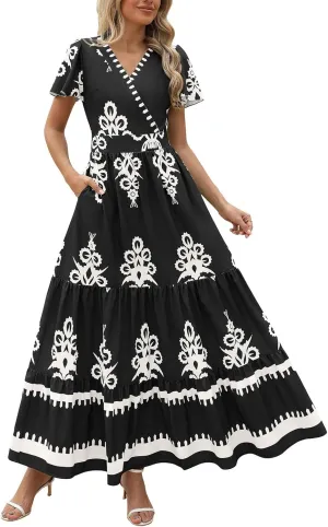 Womens Boho Floral Summer Maxi Dress Casual V Neck Aline Bell Sleeve Tiered Flowy Dresses for Women 2025
