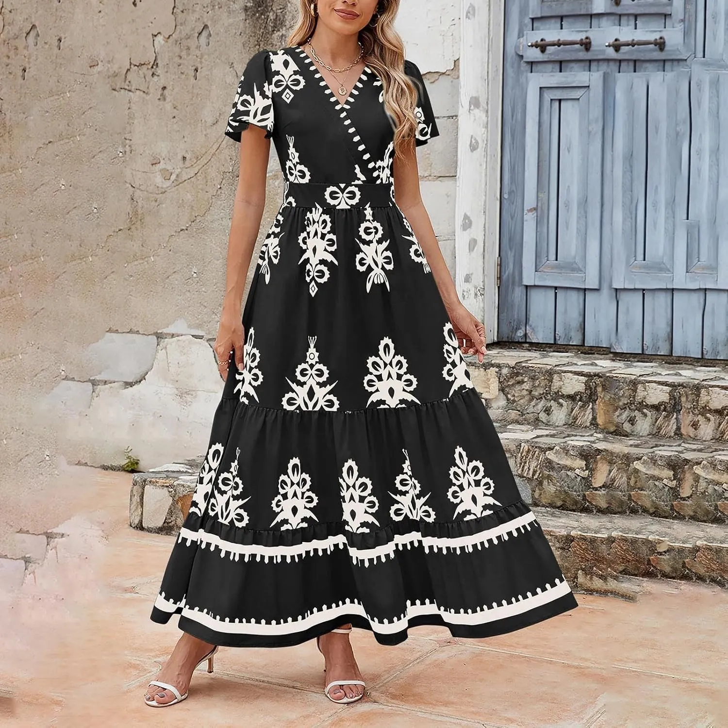 Womens Boho Floral Summer Maxi Dress Casual V Neck Aline Bell Sleeve Tiered Flowy Dresses for Women 2025