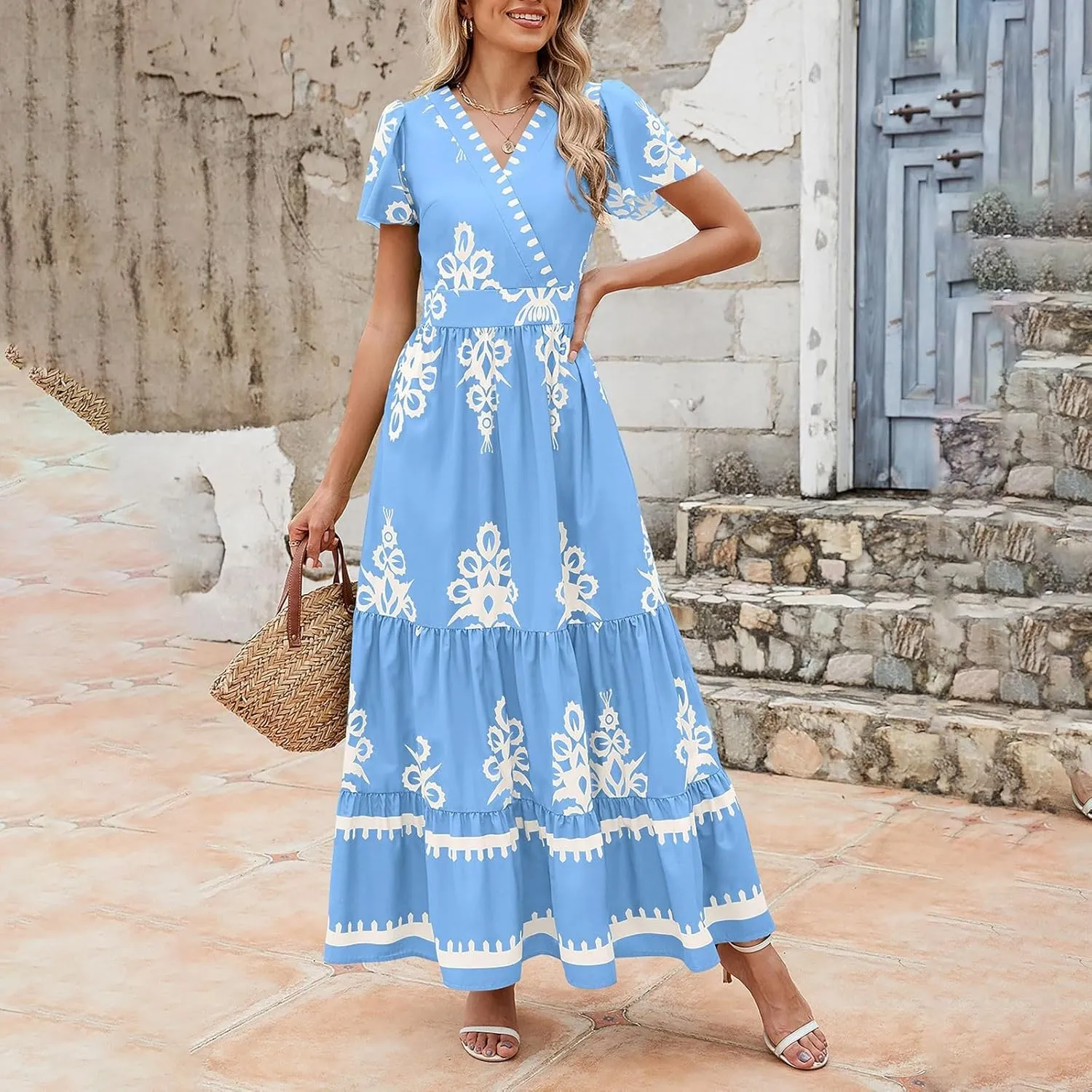 Womens Boho Floral Summer Maxi Dress Casual V Neck Aline Bell Sleeve Tiered Flowy Dresses for Women 2025