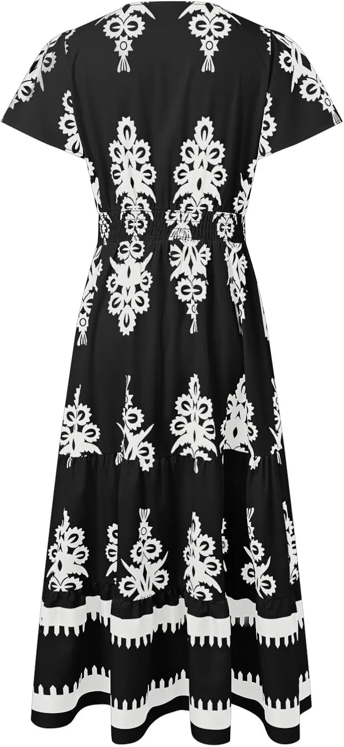 Womens Boho Floral Summer Maxi Dress Casual V Neck Aline Bell Sleeve Tiered Flowy Dresses for Women 2025