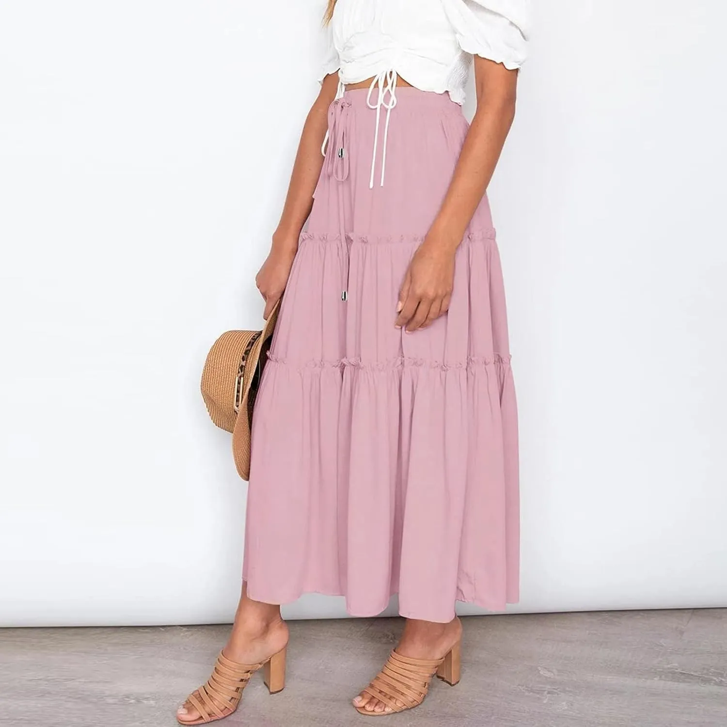 Womens Boho Long Skirts Summer Casual Elastic High Waisted A-Line Maxi Skirt Flowy Swing Ruffle Hem Holiday Skirt