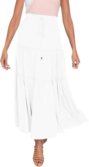 Womens Boho Long Skirts Summer Casual Elastic High Waisted A-Line Maxi Skirt Flowy Swing Ruffle Hem Holiday Skirt