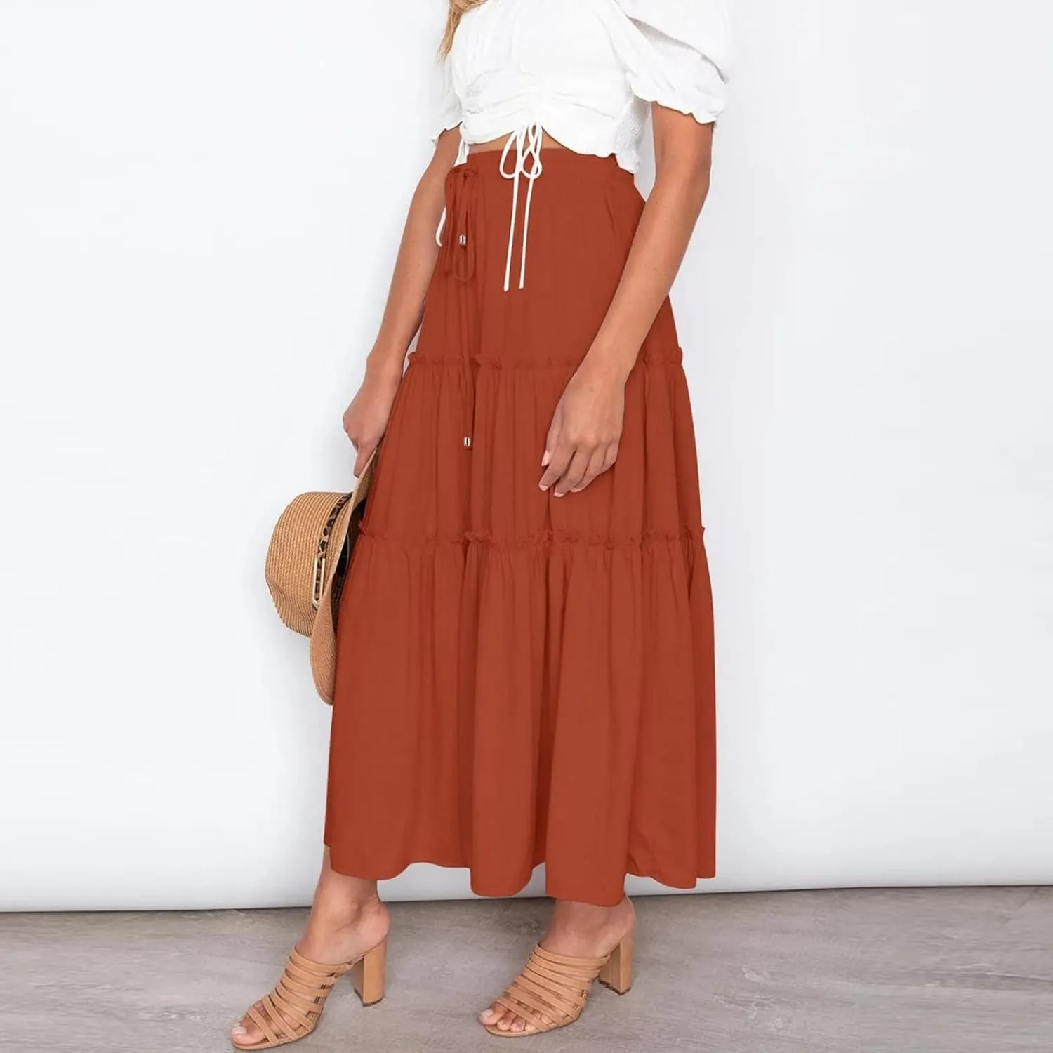 Womens Boho Long Skirts Summer Casual Elastic High Waisted A-Line Maxi Skirt Flowy Swing Ruffle Hem Holiday Skirt