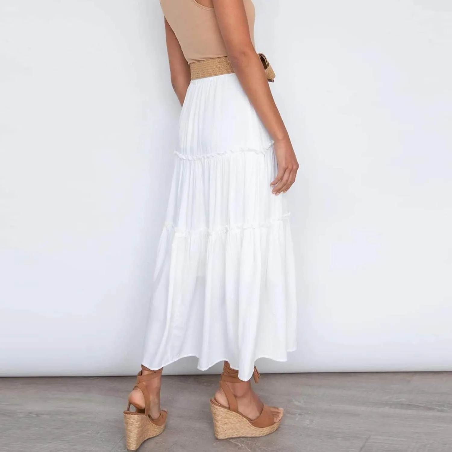Womens Boho Long Skirts Summer Casual Elastic High Waisted A-Line Maxi Skirt Flowy Swing Ruffle Hem Holiday Skirt