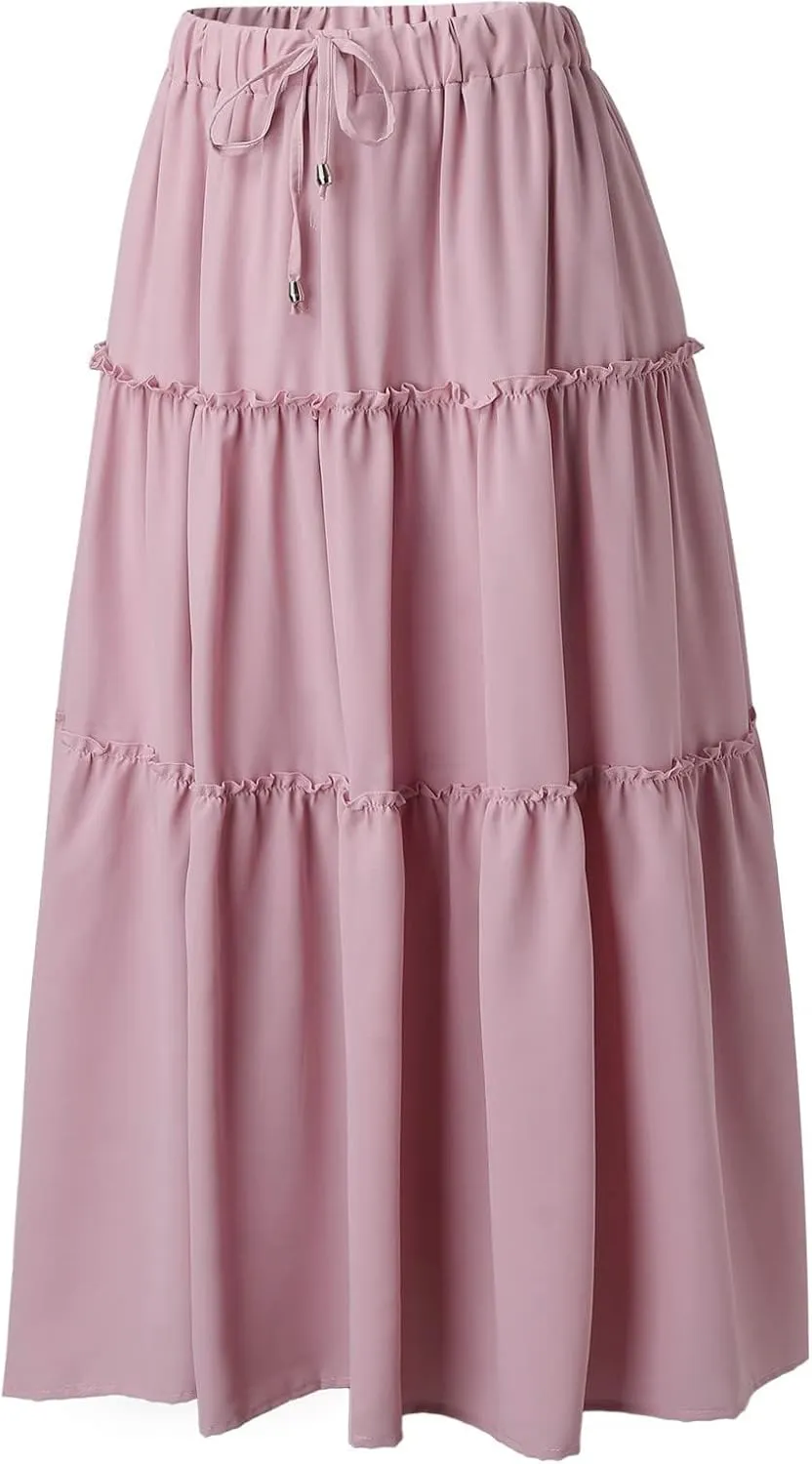 Womens Boho Long Skirts Summer Casual Elastic High Waisted A-Line Maxi Skirt Flowy Swing Ruffle Hem Holiday Skirt