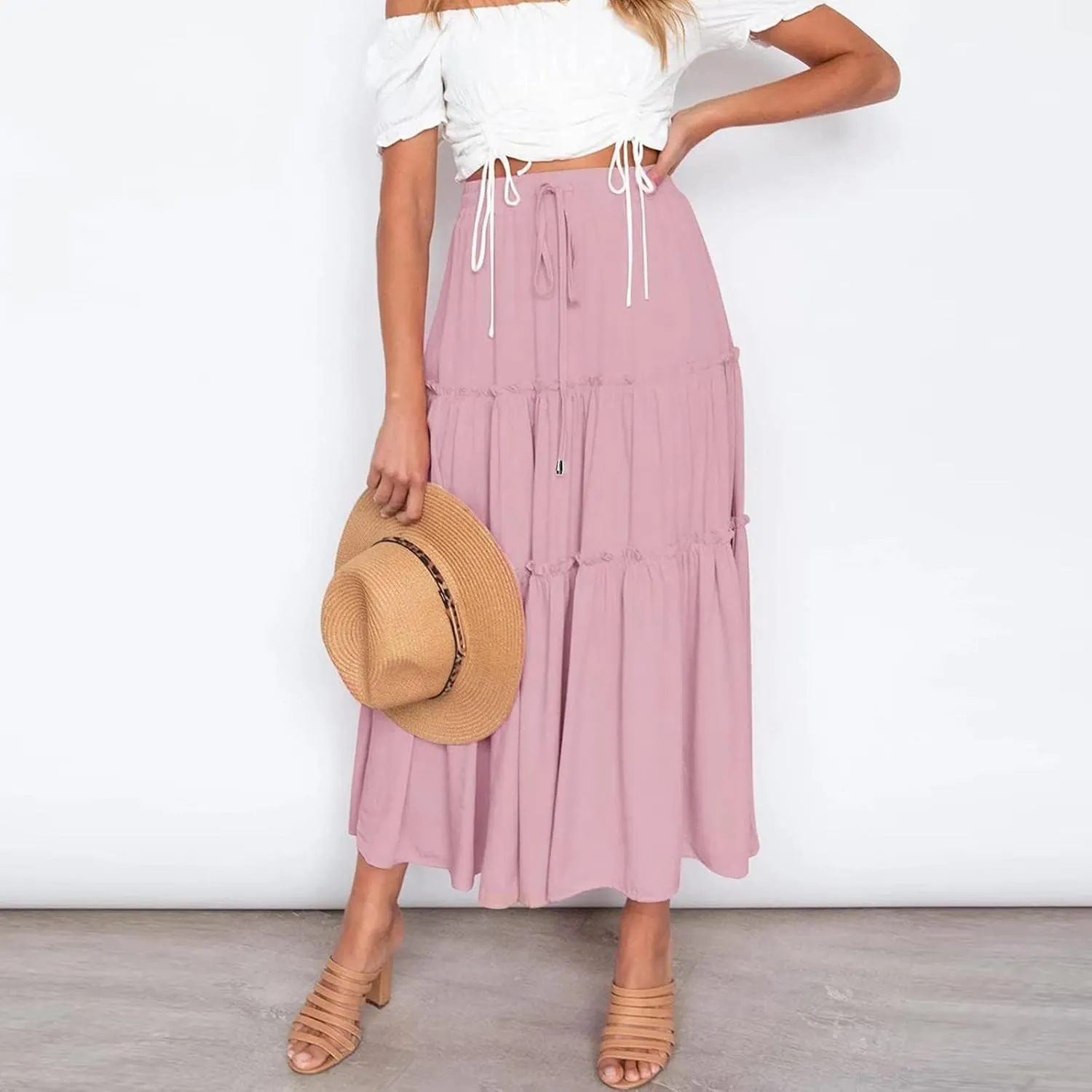Womens Boho Long Skirts Summer Casual Elastic High Waisted A-Line Maxi Skirt Flowy Swing Ruffle Hem Holiday Skirt