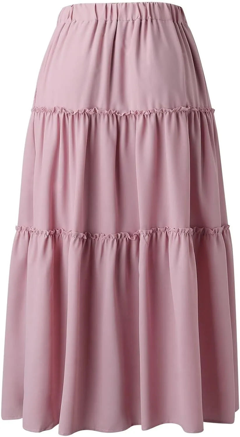 Womens Boho Long Skirts Summer Casual Elastic High Waisted A-Line Maxi Skirt Flowy Swing Ruffle Hem Holiday Skirt