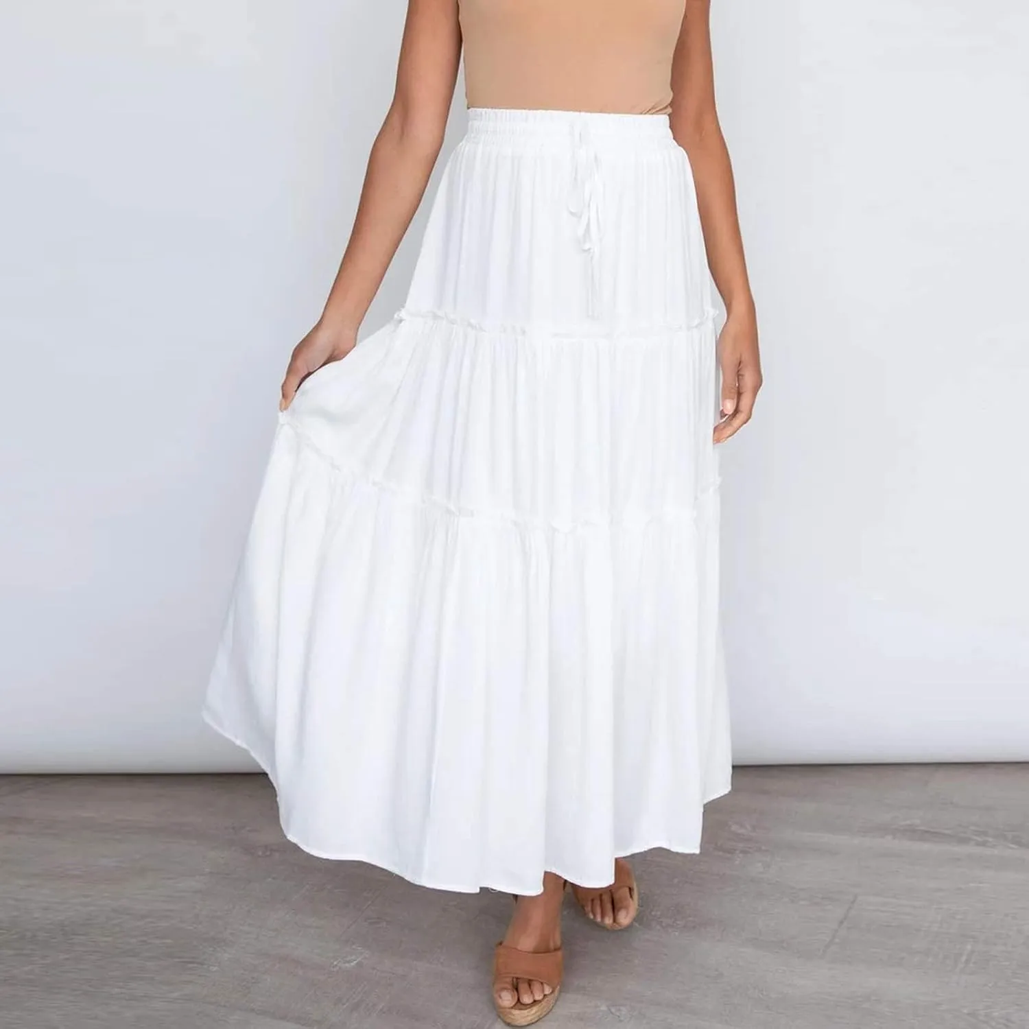 Womens Boho Long Skirts Summer Casual Elastic High Waisted A-Line Maxi Skirt Flowy Swing Ruffle Hem Holiday Skirt
