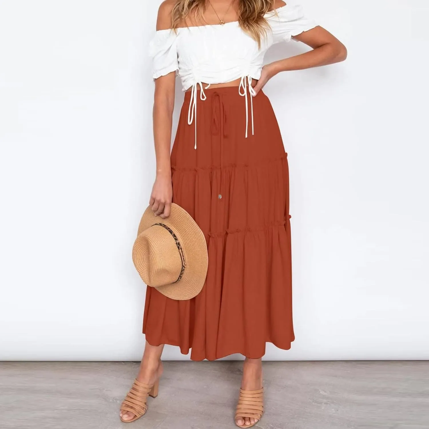 Womens Boho Long Skirts Summer Casual Elastic High Waisted A-Line Maxi Skirt Flowy Swing Ruffle Hem Holiday Skirt