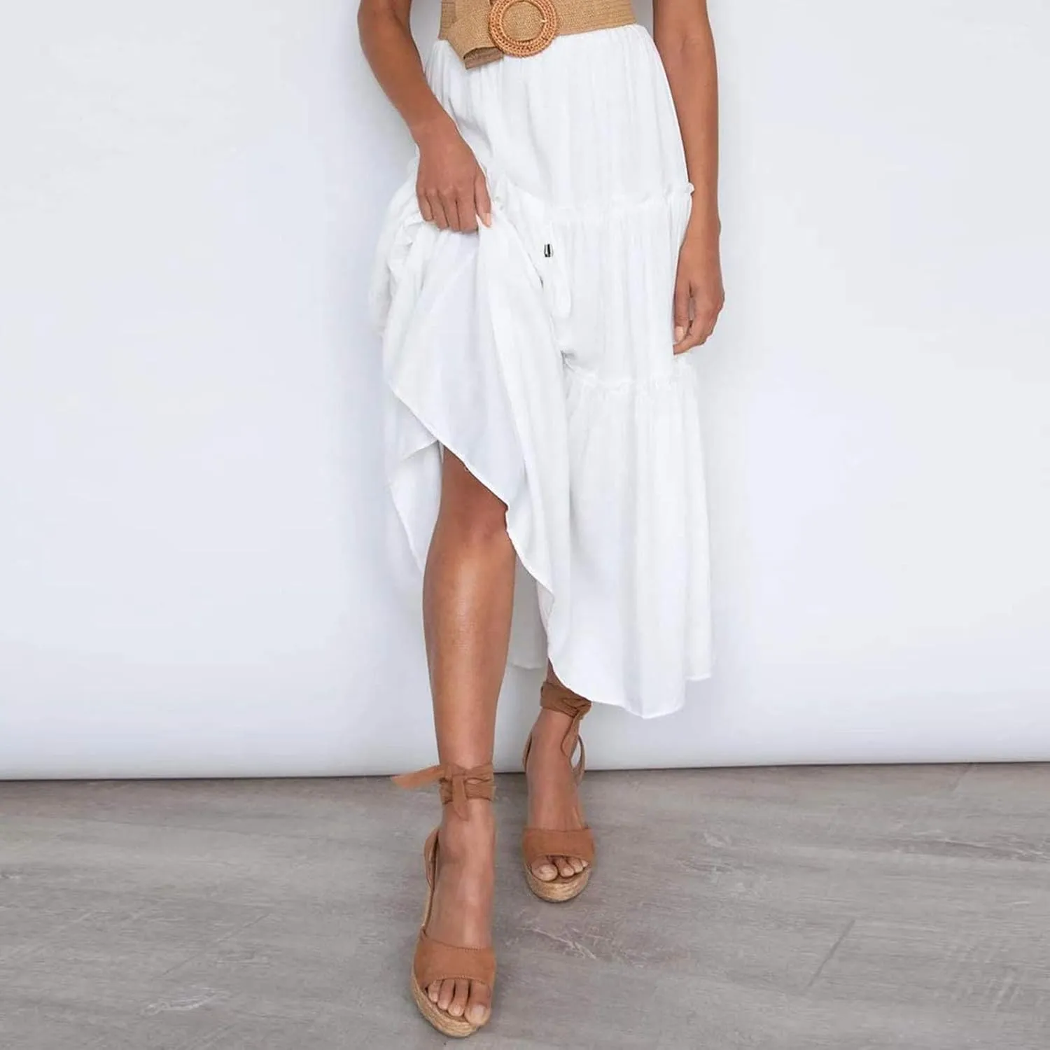 Womens Boho Long Skirts Summer Casual Elastic High Waisted A-Line Maxi Skirt Flowy Swing Ruffle Hem Holiday Skirt