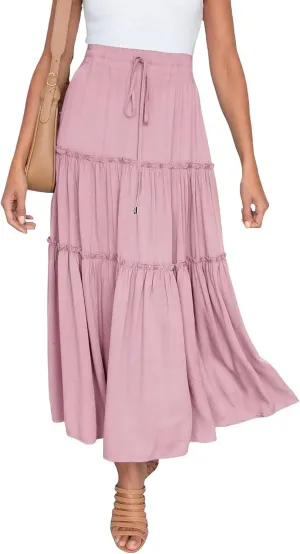 Womens Boho Long Skirts Summer Casual Elastic High Waisted A-Line Maxi Skirt Flowy Swing Ruffle Hem Holiday Skirt