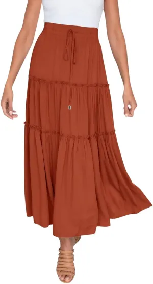 Womens Boho Long Skirts Summer Casual Elastic High Waisted A-Line Maxi Skirt Flowy Swing Ruffle Hem Holiday Skirt