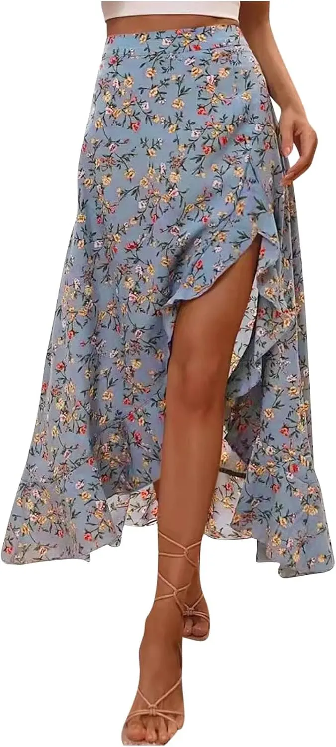 Womens Boho Peplum Slit Maxi Long Midi Knee High Floral Print Loose Fit Skirts for Women Chiffon 2025 Y2K