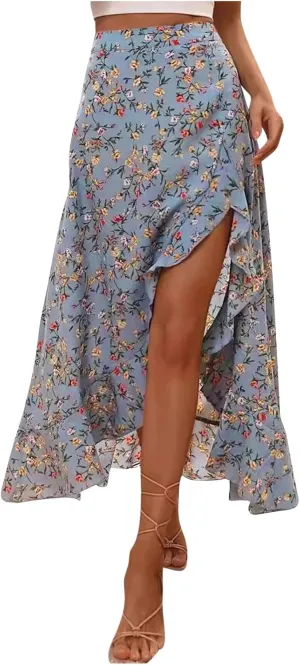 Womens Boho Peplum Slit Maxi Long Midi Knee High Floral Print Loose Fit Skirts for Women Chiffon 2025 Y2K