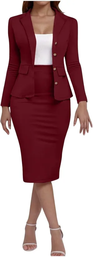 Women's Business Suit 2 Piece Long Sleeve Plus Size Skirt Suit Set Lady Blazer Office Work Slim Fit Jacket Outfit