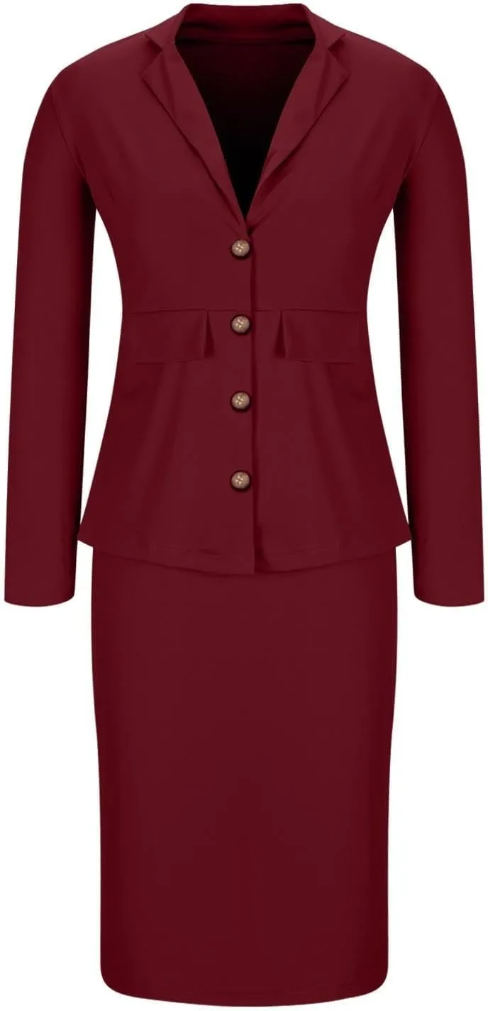 Women's Business Suit 2 Piece Long Sleeve Plus Size Skirt Suit Set Lady Blazer Office Work Slim Fit Jacket Outfit