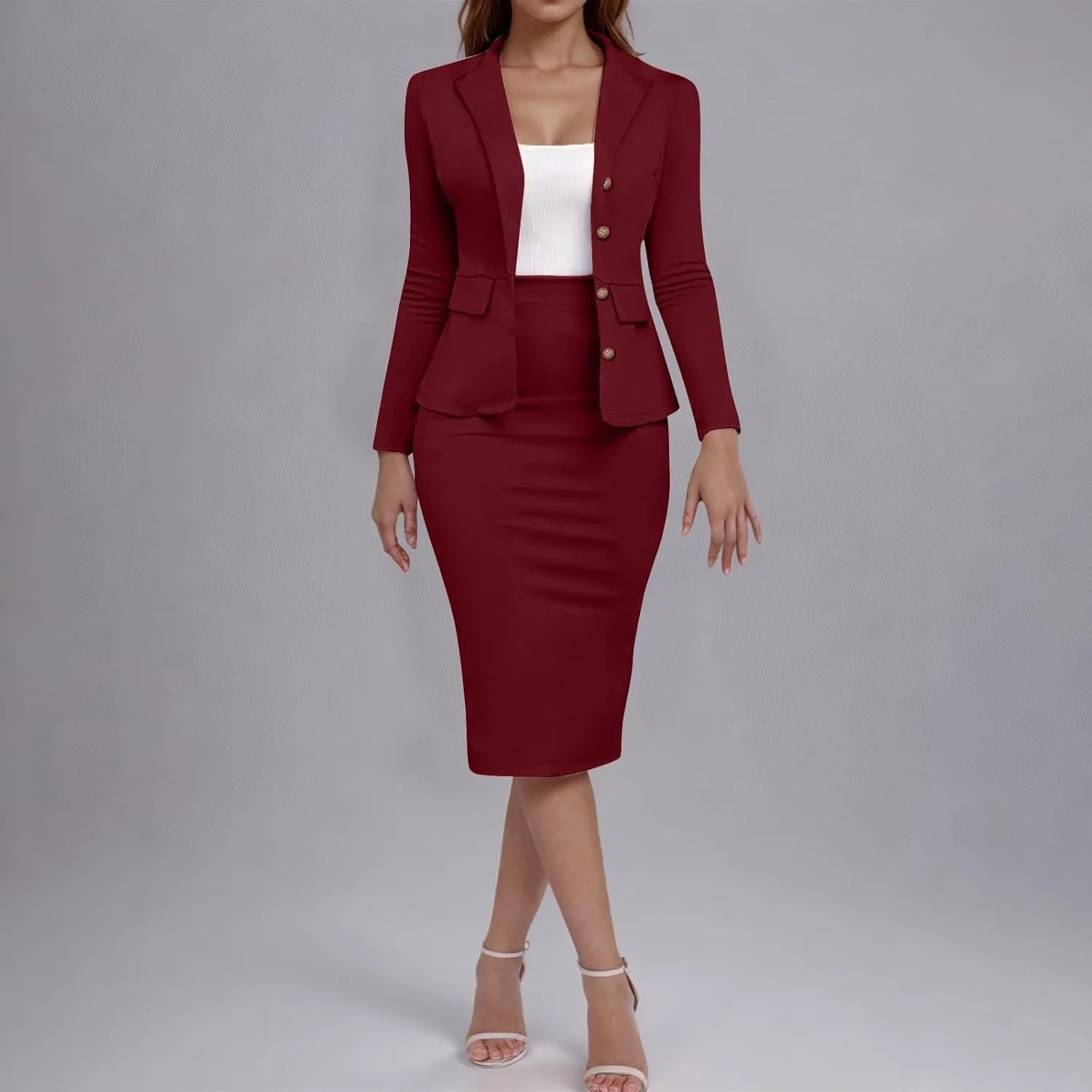 Women's Business Suit 2 Piece Long Sleeve Plus Size Skirt Suit Set Lady Blazer Office Work Slim Fit Jacket Outfit