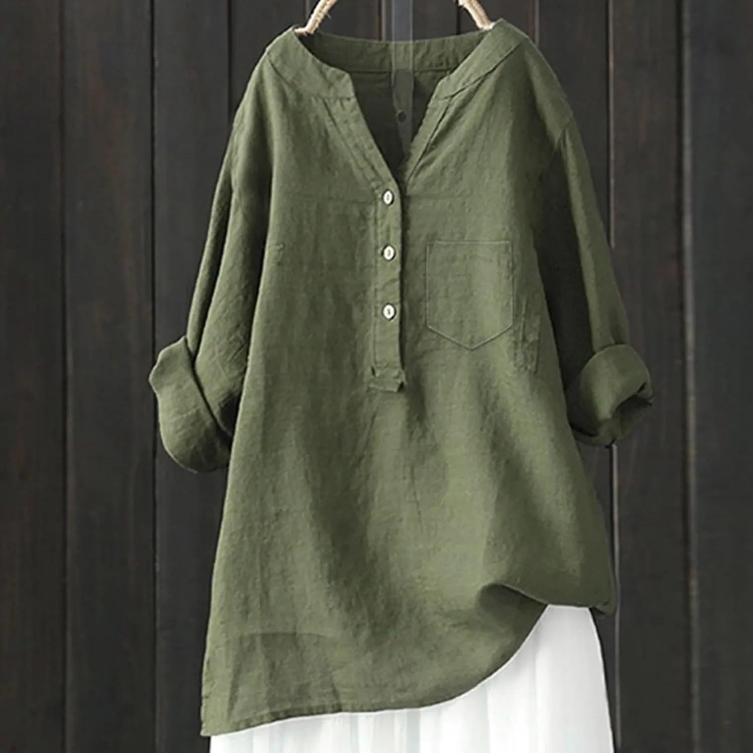 Womens Button Shirts Linen Roll Up Cuffed Sleeve V Neck Soft Shirts Casual Loose Plain Solid Blouses Tops