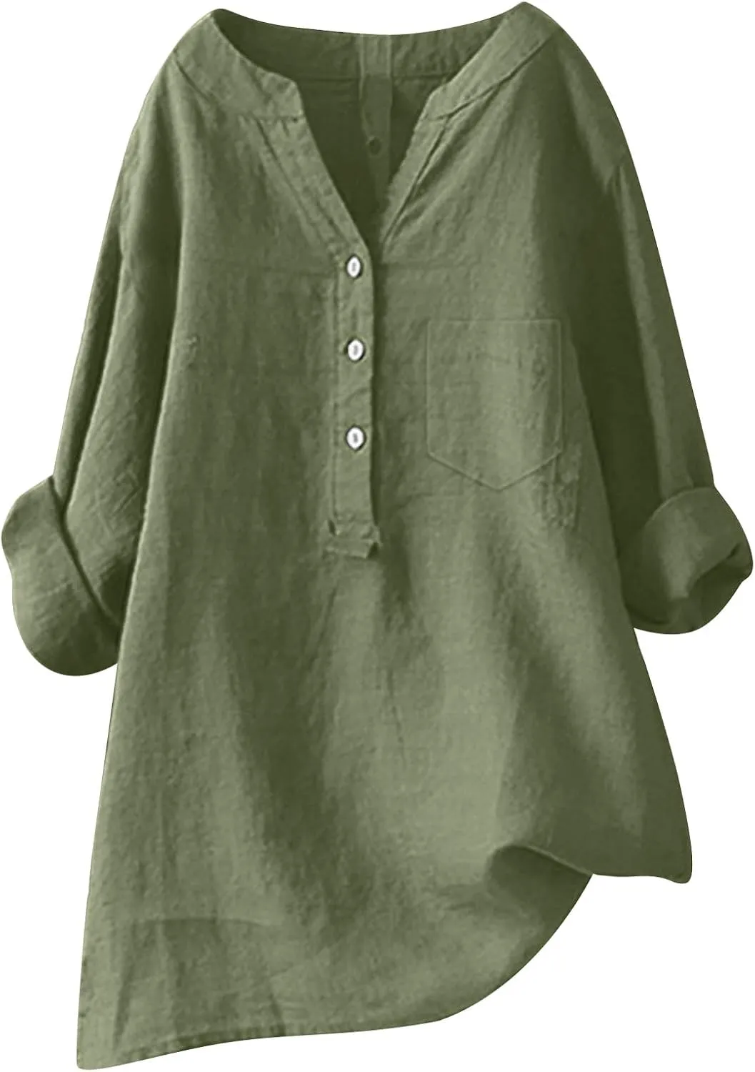 Womens Button Shirts Linen Roll Up Cuffed Sleeve V Neck Soft Shirts Casual Loose Plain Solid Blouses Tops